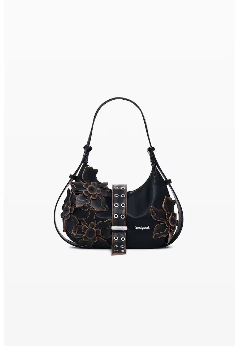Desigual Чанта за рамо от еко кожа с флорални апликации - Тъмнокафяв/Черен