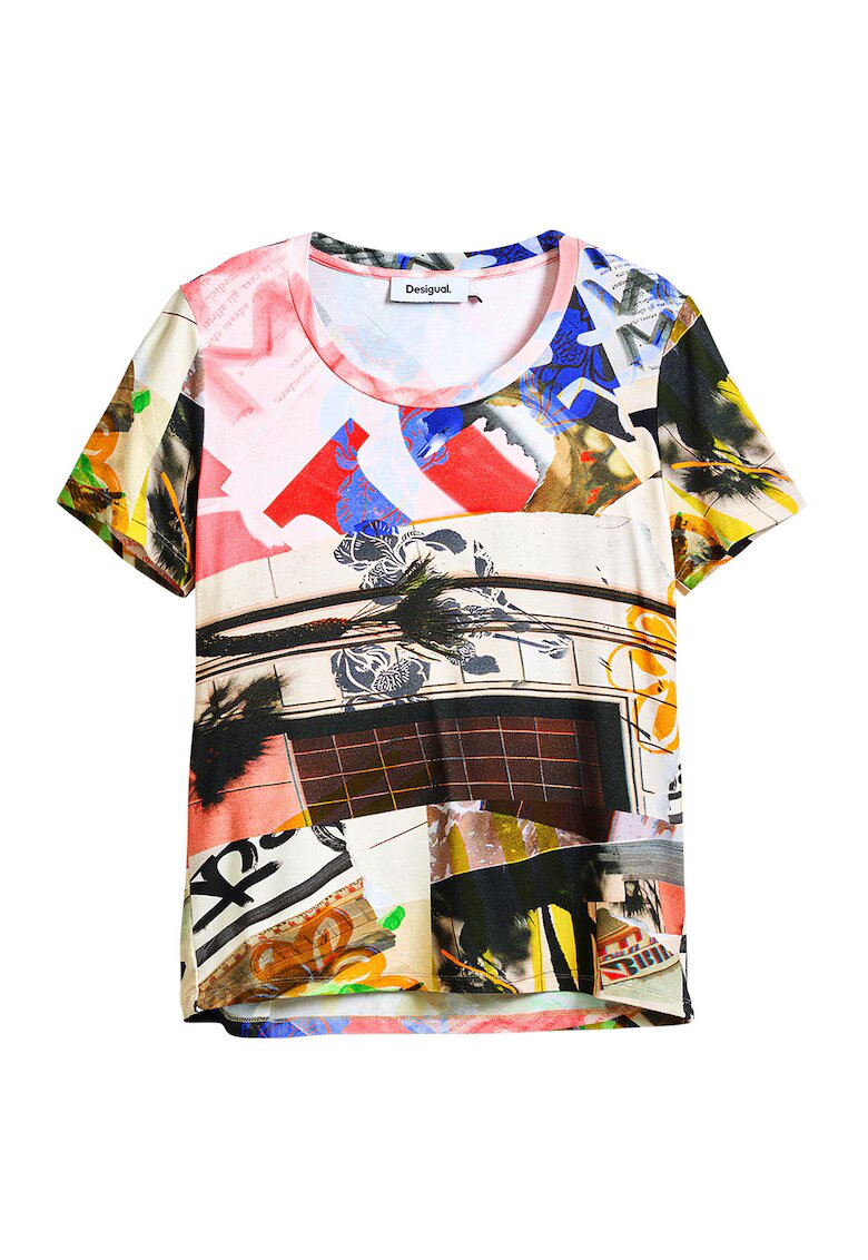Desigual Тениска с овално деколте и графична шарка - Шафраново жълто/Индигово синьо/Мръснобял