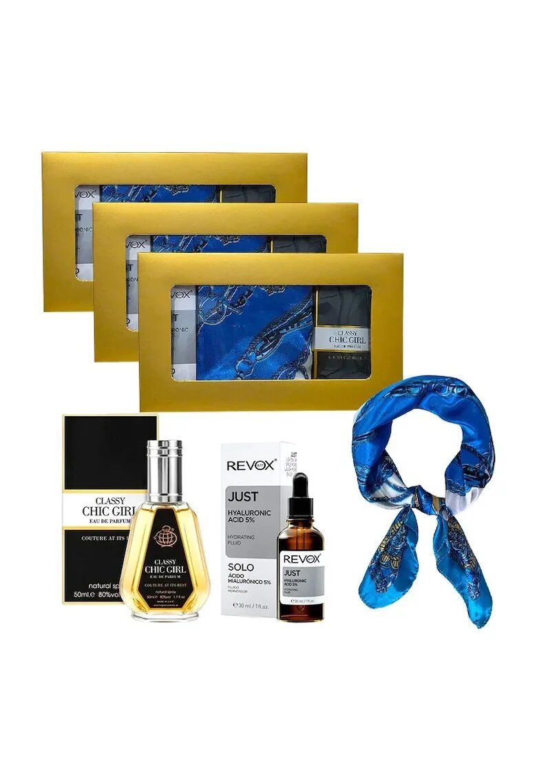 Fragrance World 3 x Комплект Elysa – Парфюмна вода Classy Chic Girl 50ml - Серум Revox Хиалуронова киселина 5% 30ml - Син шал