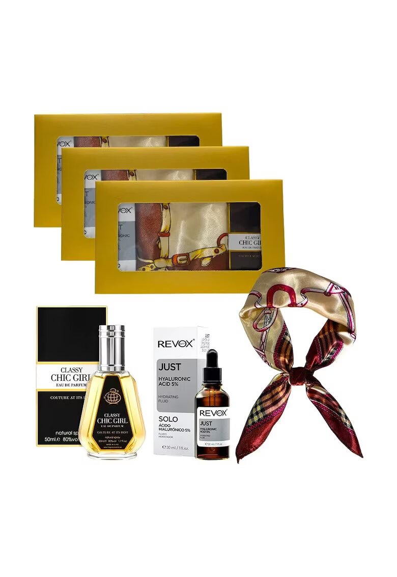 Fragrance World 3 x Комплект Elysa – Серум Revox Хиалуронова киселина 5% 30мл - Парфюмна вода Classy Chic Girl 50мл - Сатенен крем шал