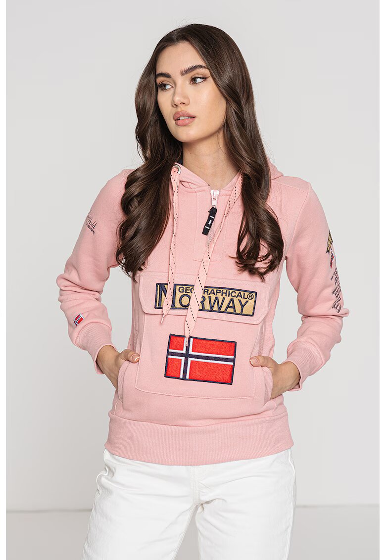 Geographical Norway Худи Gymclass с връзка и бродирано лого - Червен/Бежов/Бледо розово