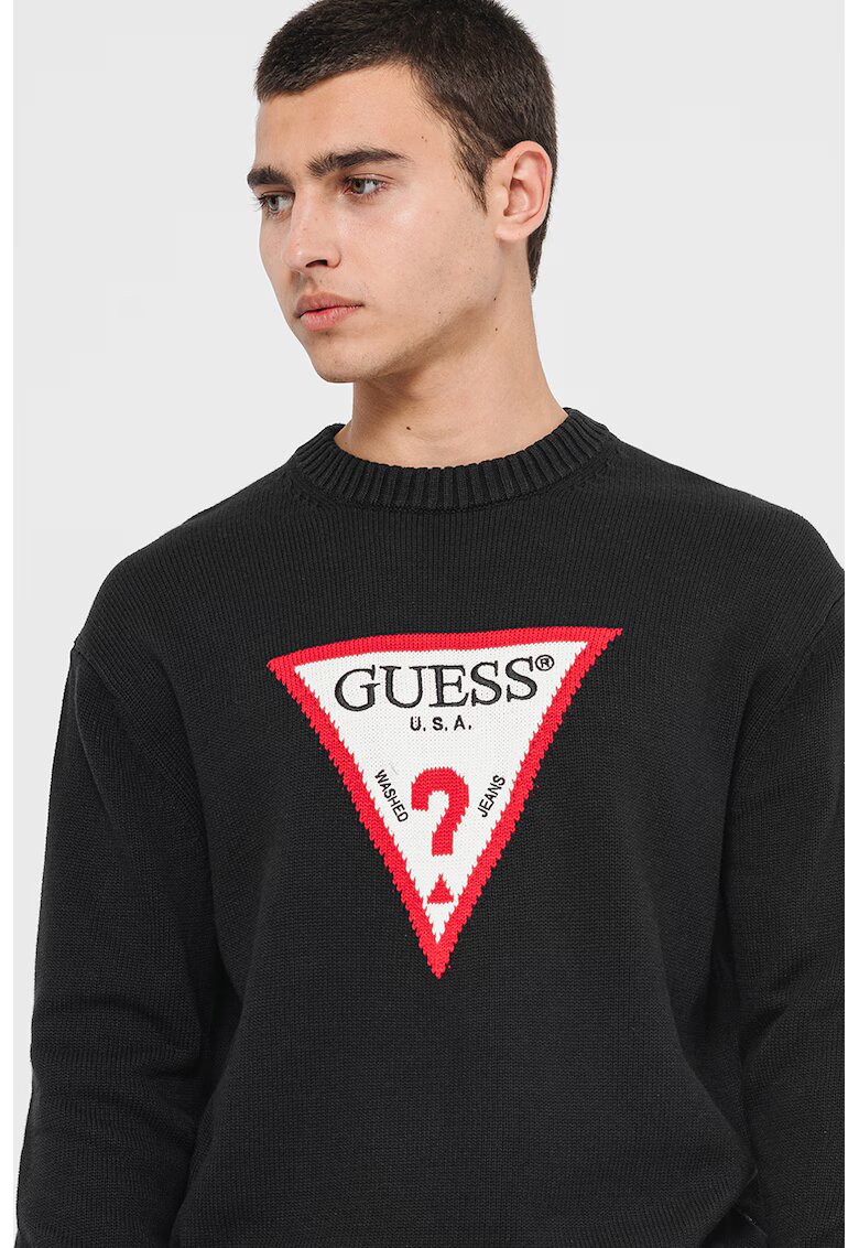 Guess Jeans Пуловер с лого - Бял/Черен