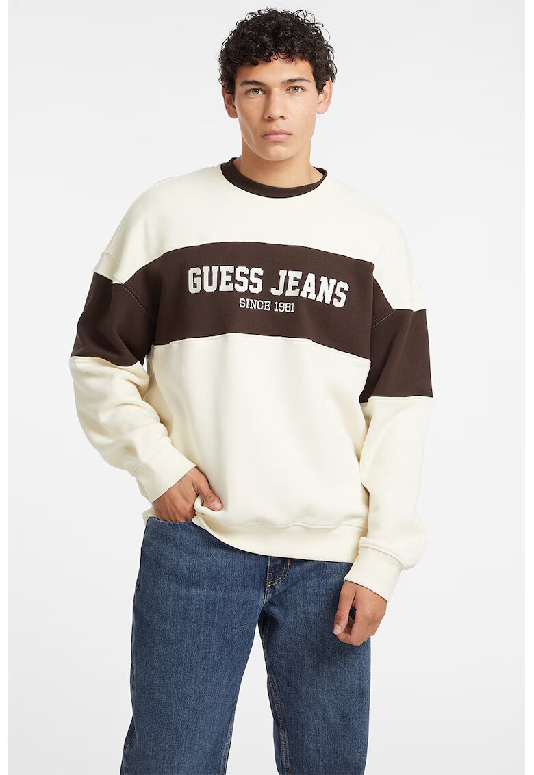 Guess Jeans Уголемен суитшърт с овално деколте - Ултрамарин синьо/Мръснобял