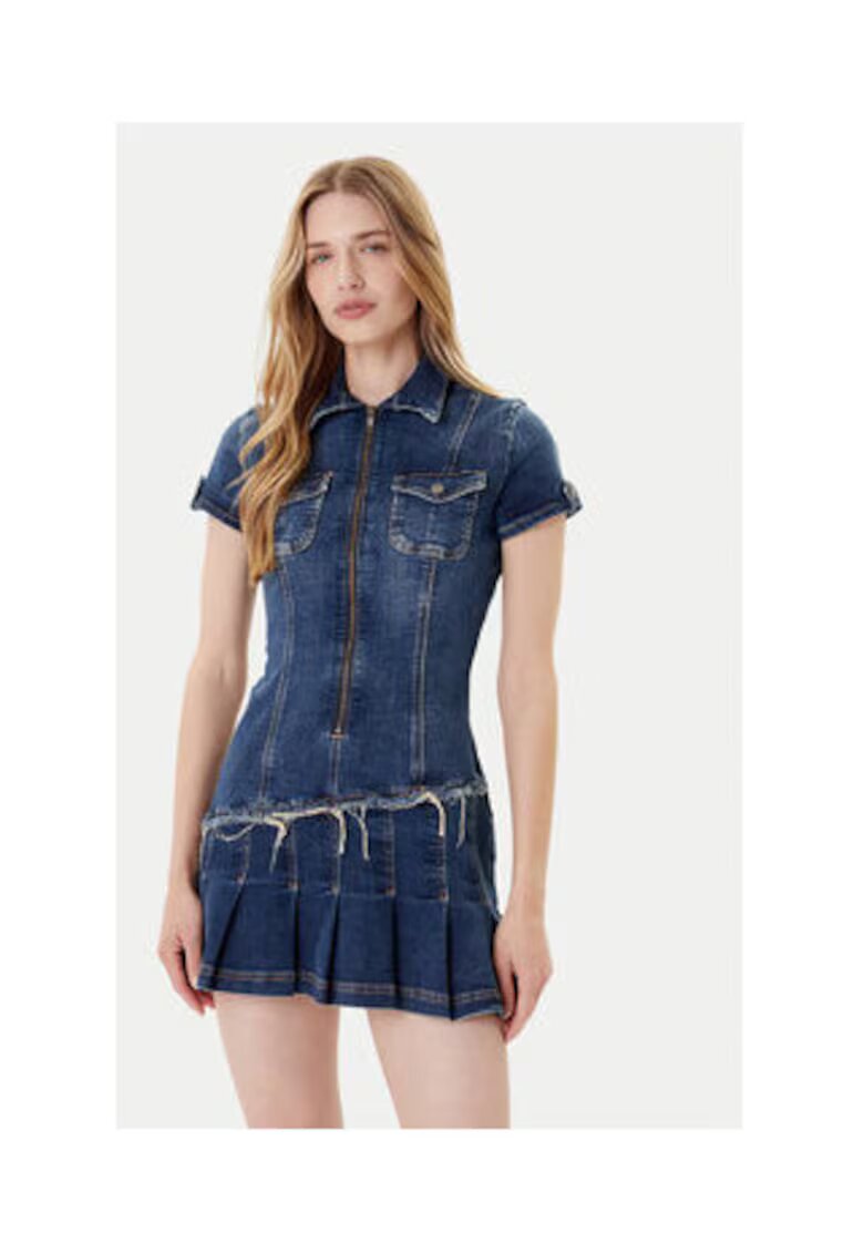 Guess Мини дънкова рокля с плисета и ресни