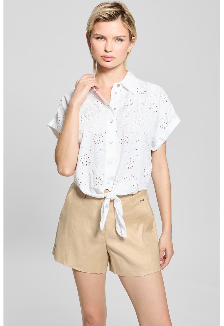 Guess Риза с лиосел с бродерии и къси ръкави - Бял/Прозрачен