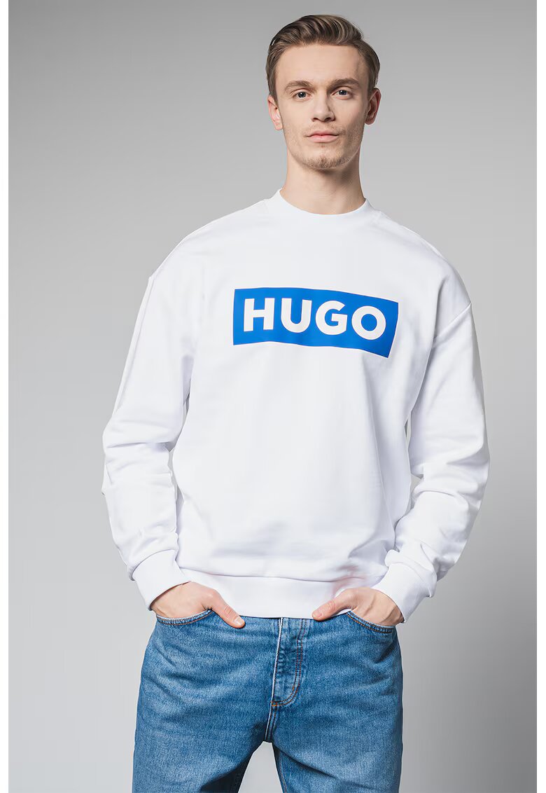 HUGO Суитшърт с овално деколте и лого - Бял/Кралско Синьо