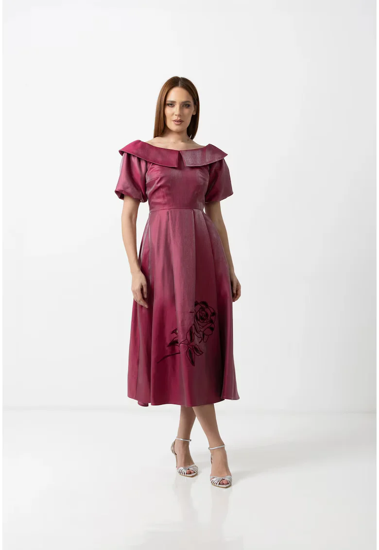 IZABELA MANDOIU Rochie midi din vâscoză fucsia cu umeri decupați și broderie trandafir