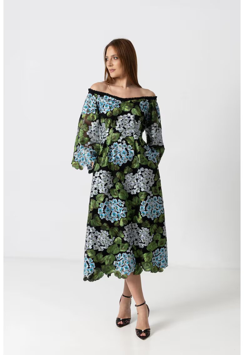 IZABELA MANDOIU Rochie midi eleganta cu broderie florala si decolteu Bardot