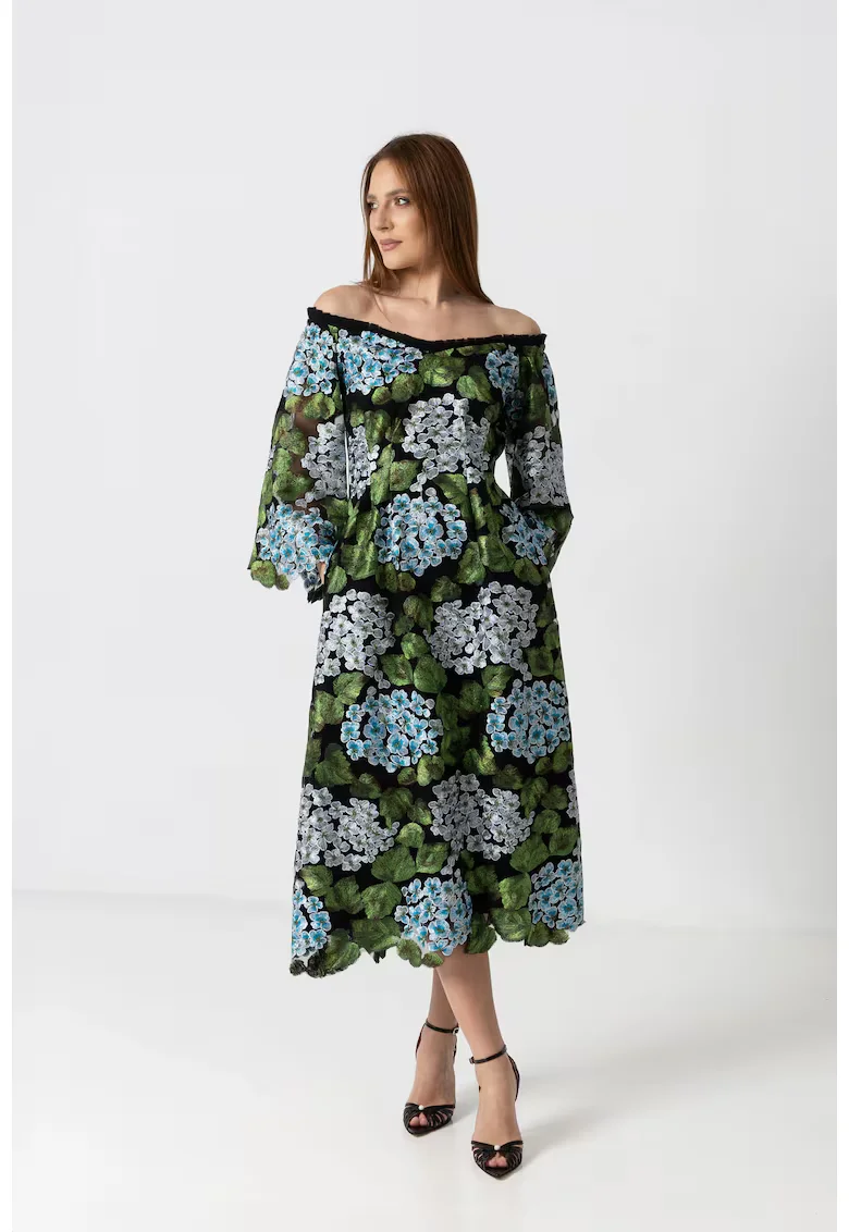 IZABELA MANDOIU Rochie midi eleganta cu broderie florala si decolteu Bardot