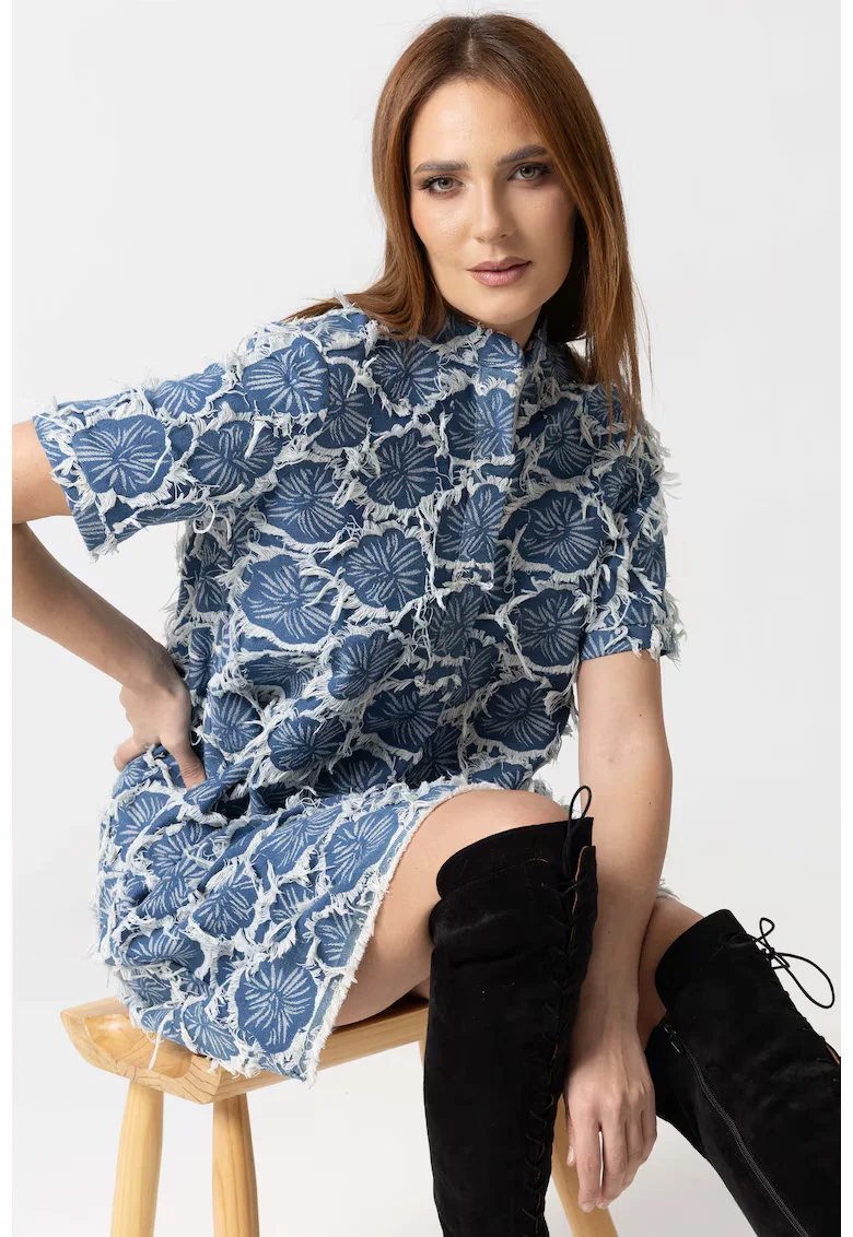 IZABELA MANDOIU Rochie mini din denim deschis cu broderie florală și franjuri