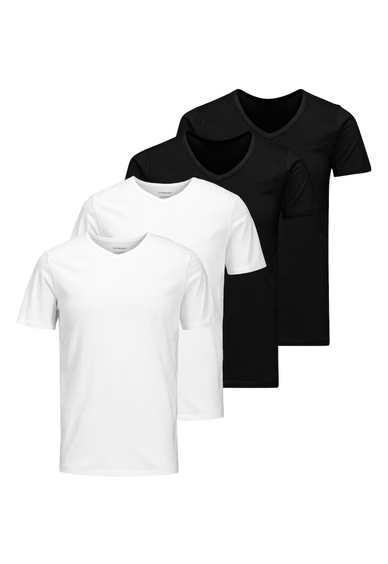 Jack  Jones Тениска Basic с шпиц - 4 броя - Бял/Черен