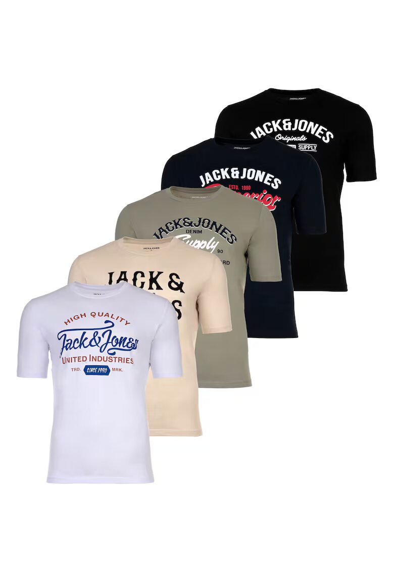 Jack  Jones Тениски Leogra с лого - 5 броя - Бял/Черен