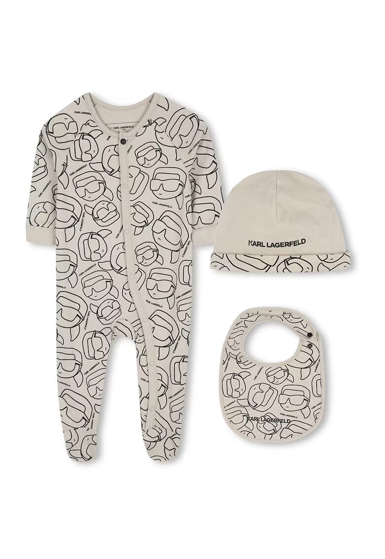 KARL LAGERFELD KIDS Гащеризон с лого - шапка и лигавник - 3 части - Черен/Бежов