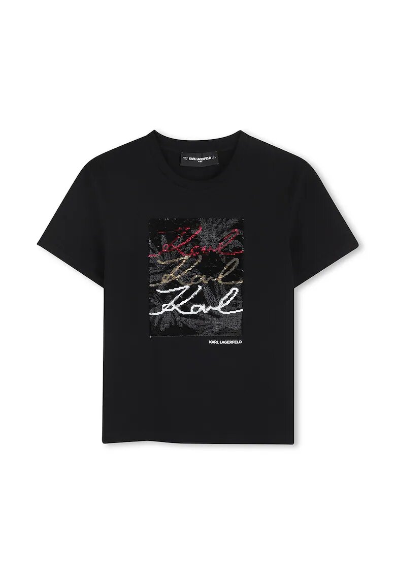 KARL LAGERFELD KIDS Тениска с памук и пайети - Черен/Индигово синьо