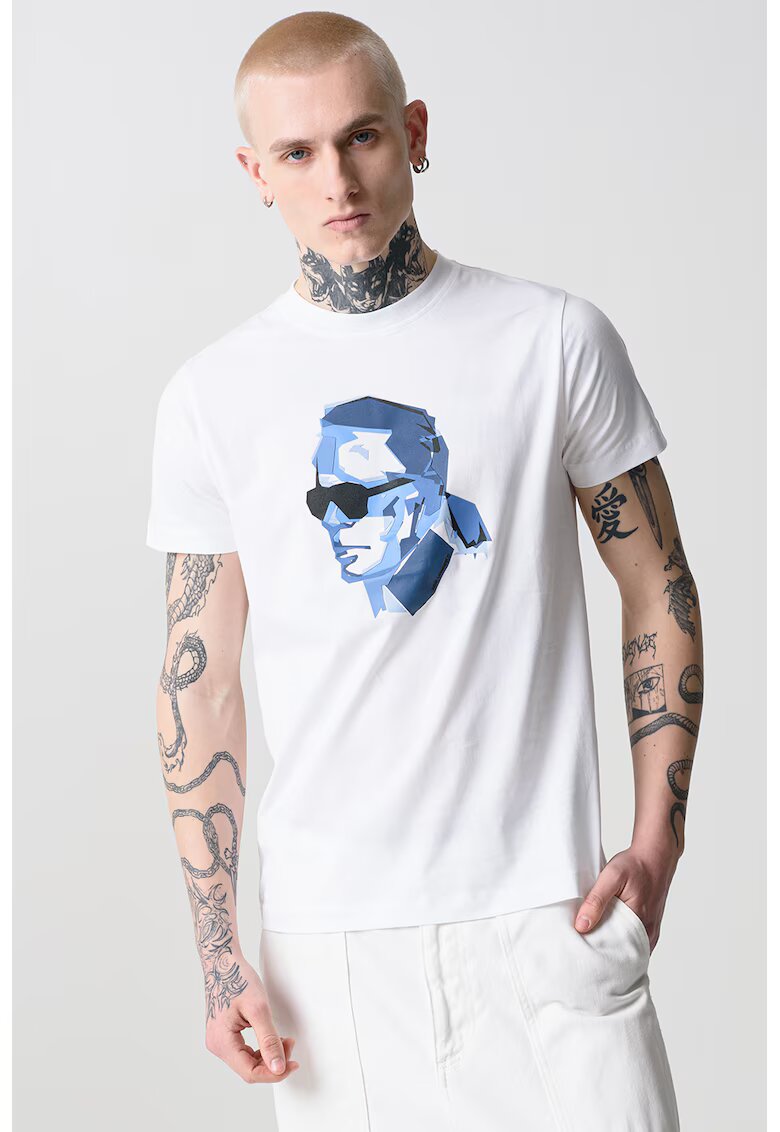 Karl Lagerfeld Тениска от памук с шарка - Тъмносин/Бял