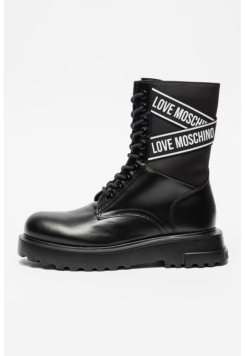 Love Moschino Кожени боти с лого - Черен/Бял