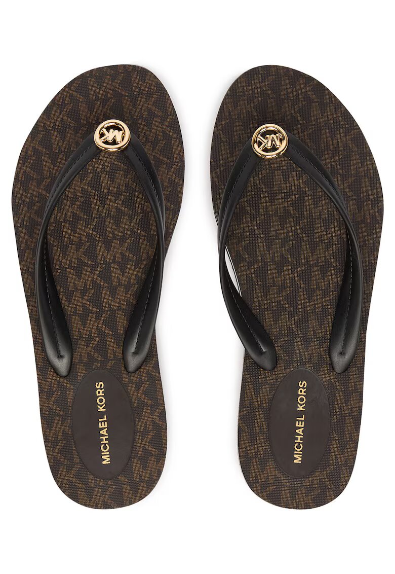 MICHAEL Michael Kors чехли от синтетичен материал с flatform подметка и MK монограм - златист акцент с лого - кафяво/черно