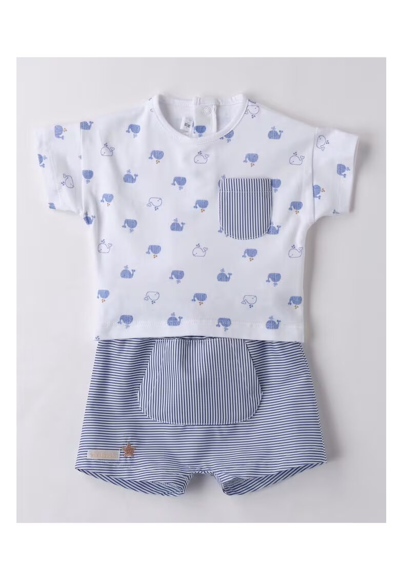 Minibanda комплект тениска и къси панталонки с шарки за момчета - бяло - синьо