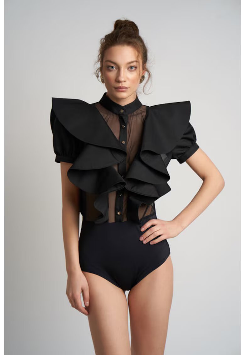 Monarh design Боди блуза с буфан ръкави и ресни