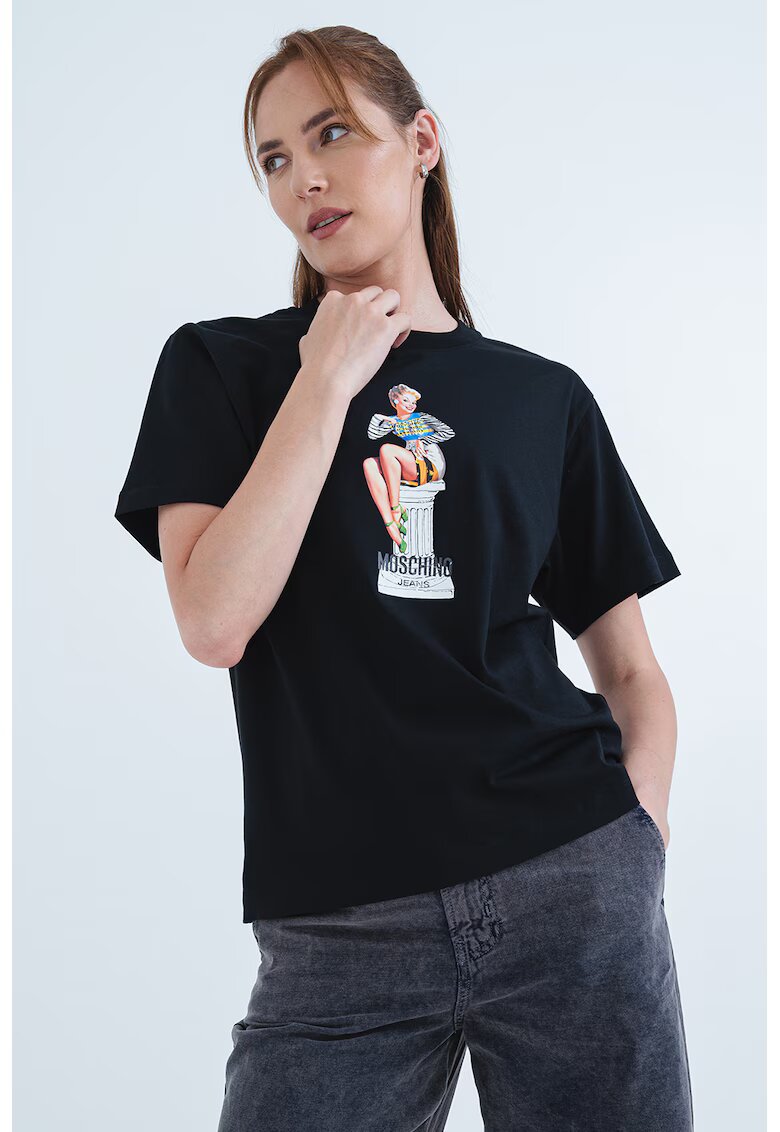 Moschino Jeans Памучна тениска с графика - Бял/Син
