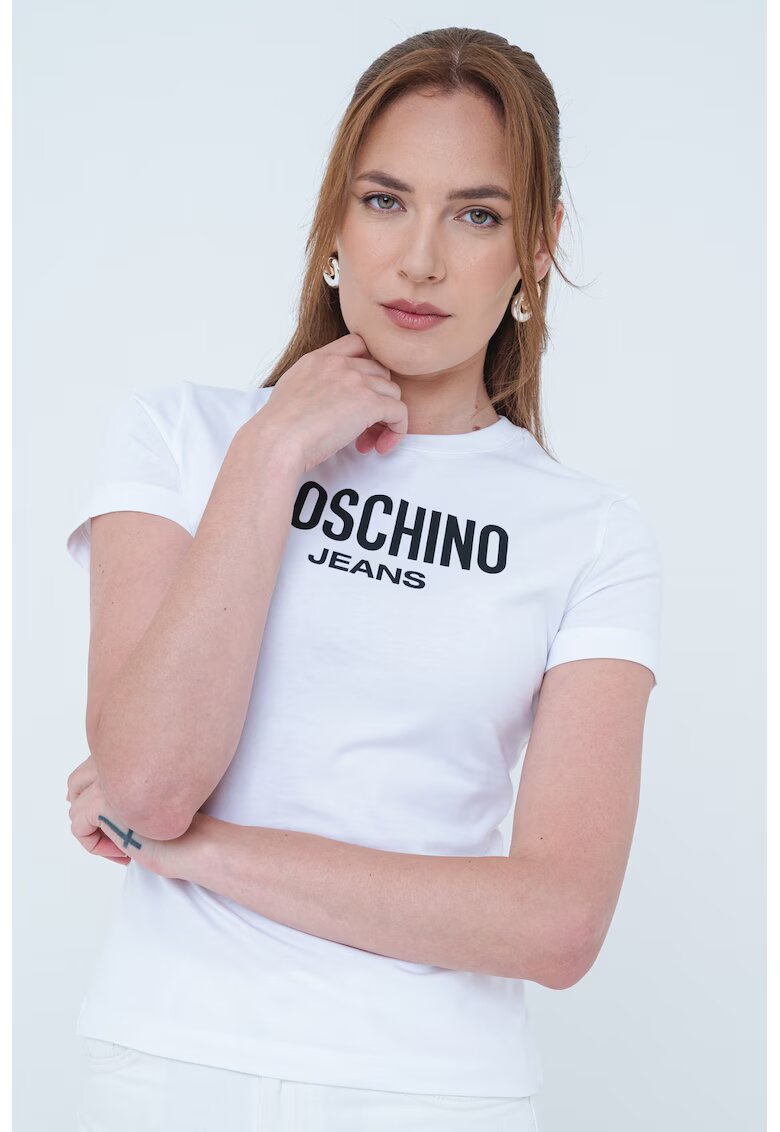 Moschino Jeans Слим тениска с лого - Избеляло черно/Бял