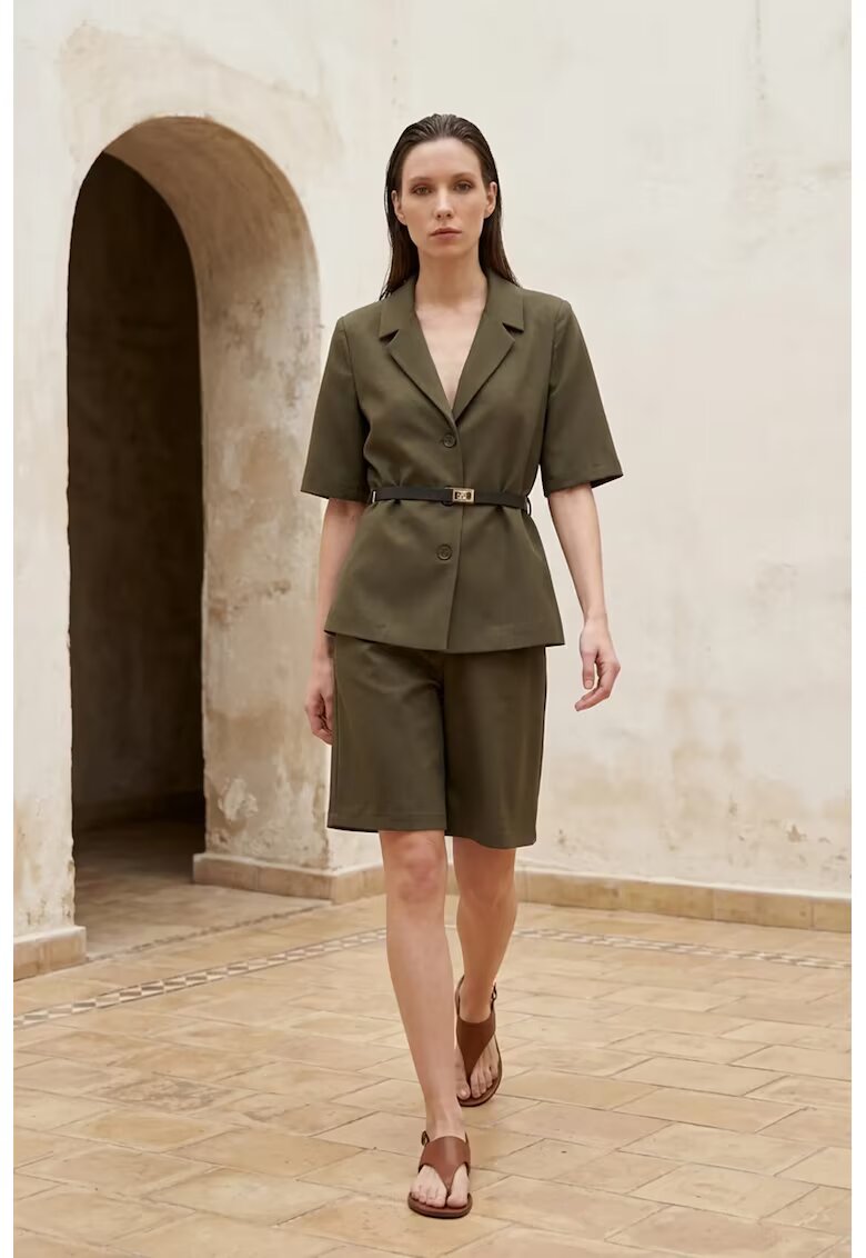 MyFashion Дамски комплект късо яке с колан и широки панталони каки зелено полиестер вискоза
