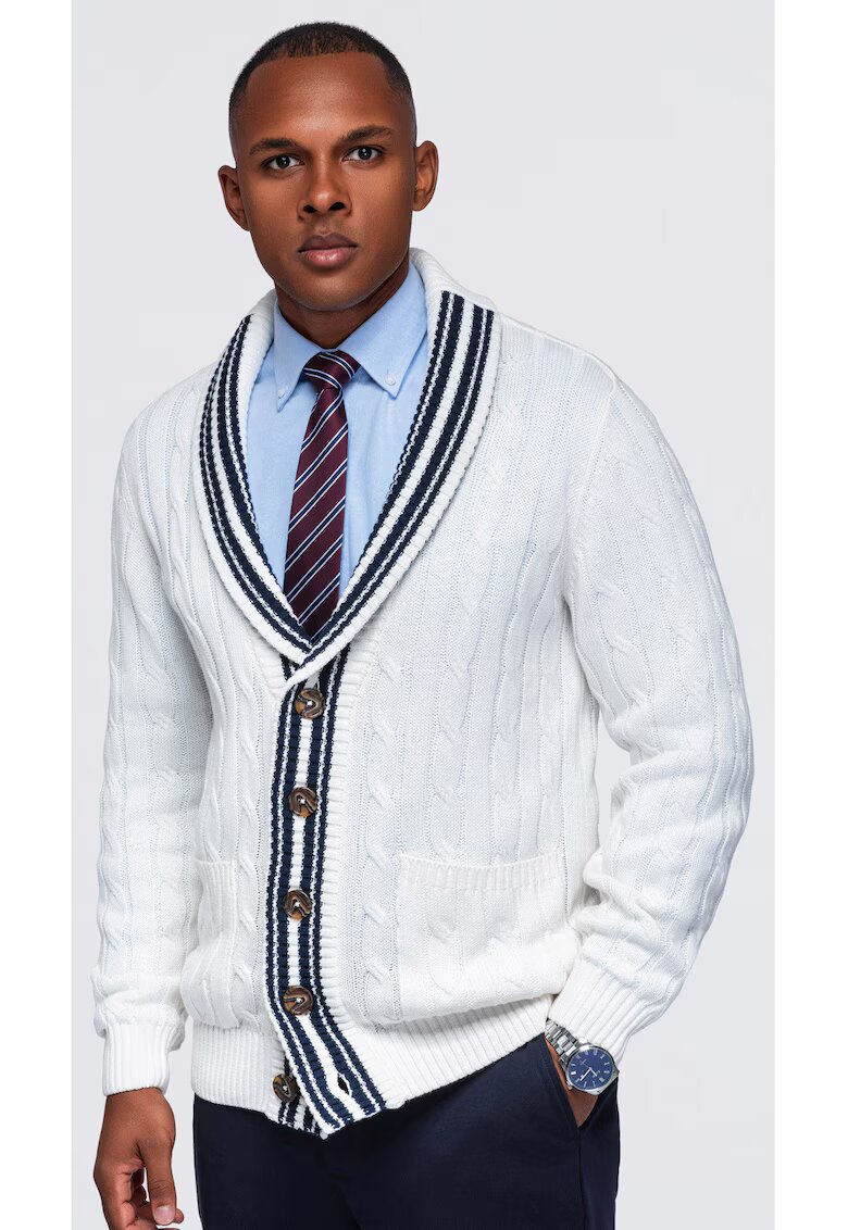 OMBRE Пуловер с шал яка и вълнен плетен дизайн за мъже OM-SWCD-0196 - white/navy