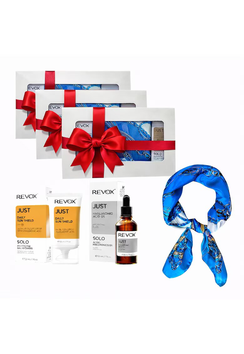 Revox 3 x Комплект Elysa – Серум Hyaluronic Acid 5% 30 мл - Крем SPF50 30 мл - Син шал