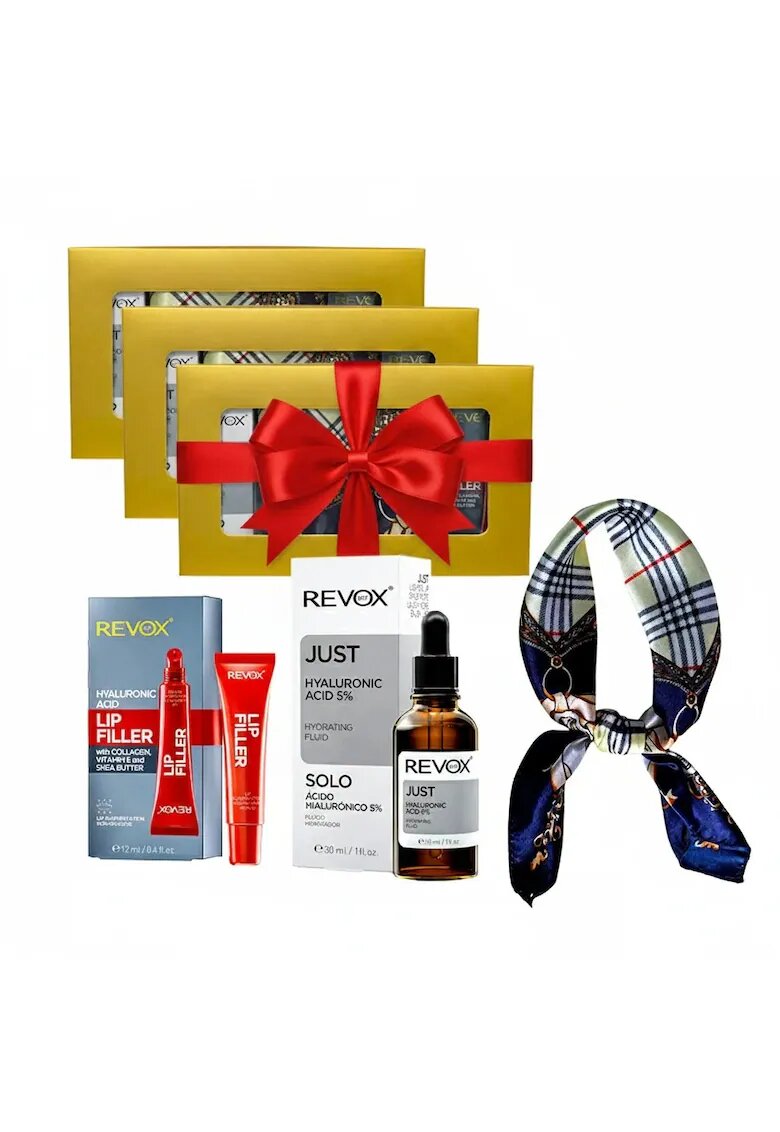 Revox 3 x Комплект Elysa – Серум Hyaluronic Acid 5% 30ml - Филър за устни 12ml - Шарена кърпа