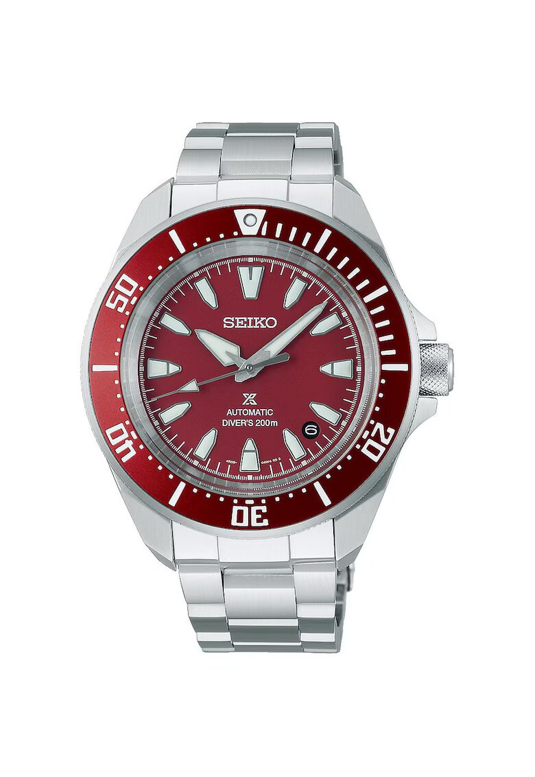 Seiko Мъжки часовник Prospex SEA Professional Diver's Automatic - механизъм 4R35 - верижка и корпус от неръждаема стомана - червен циферблат - водоустойчив 200м