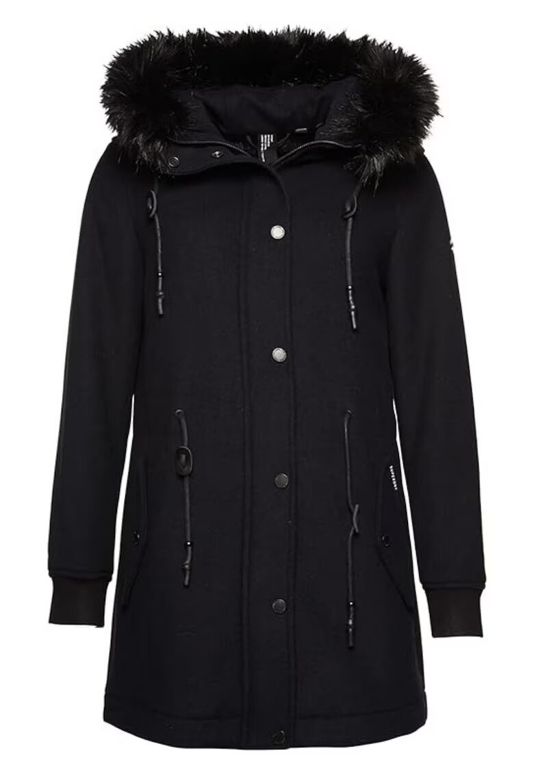 Superdry Дамско яке вълна и полиестер - качулка с кожа - регулиране на талията