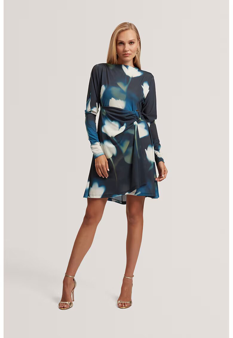 Ted Baker Къса рокля с набирания - Бял/Ултрамарин синьо/Кобалтово синьо