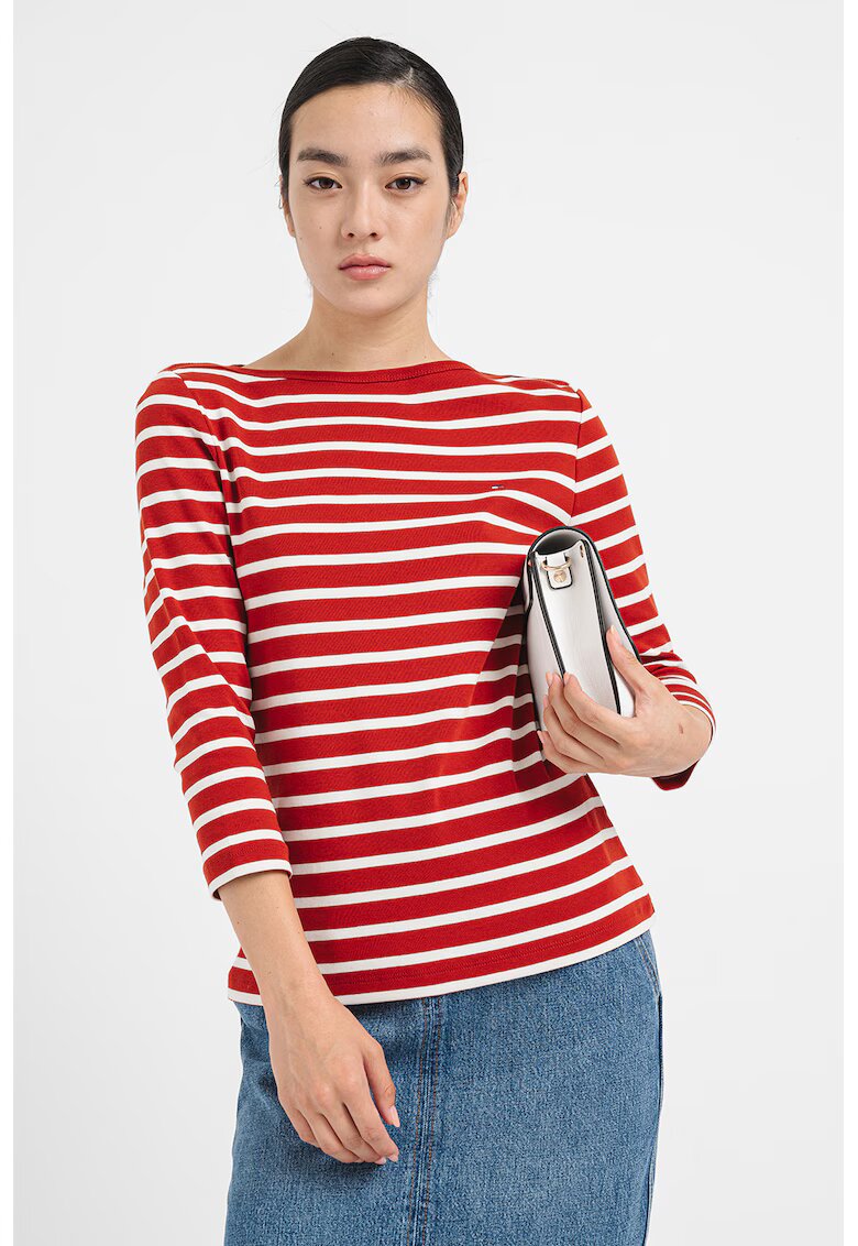 Tommy Hilfiger Памучна слим блуза с 3/4 ръкави - Бял/Тъмносин