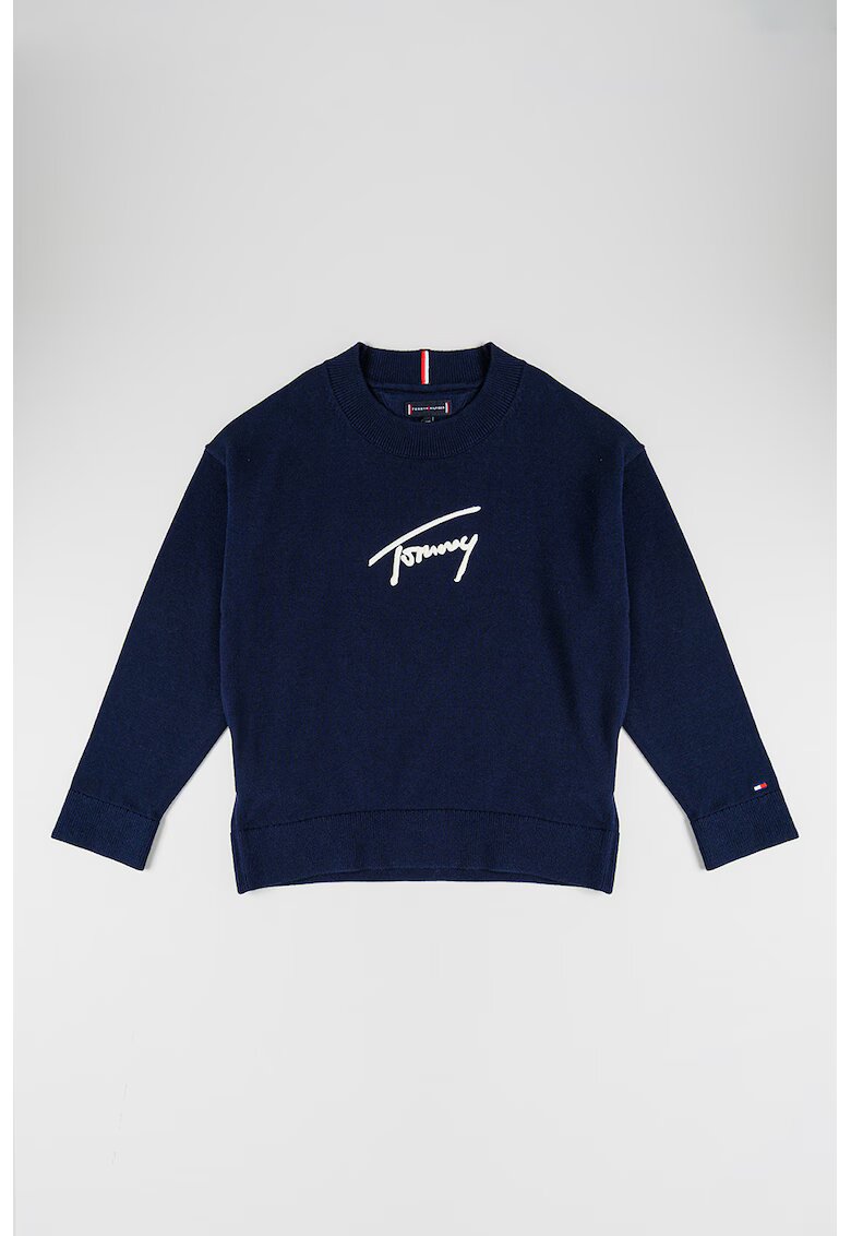 Tommy Hilfiger Пуловер от органичен памук с лого - Бял/Тъмносин