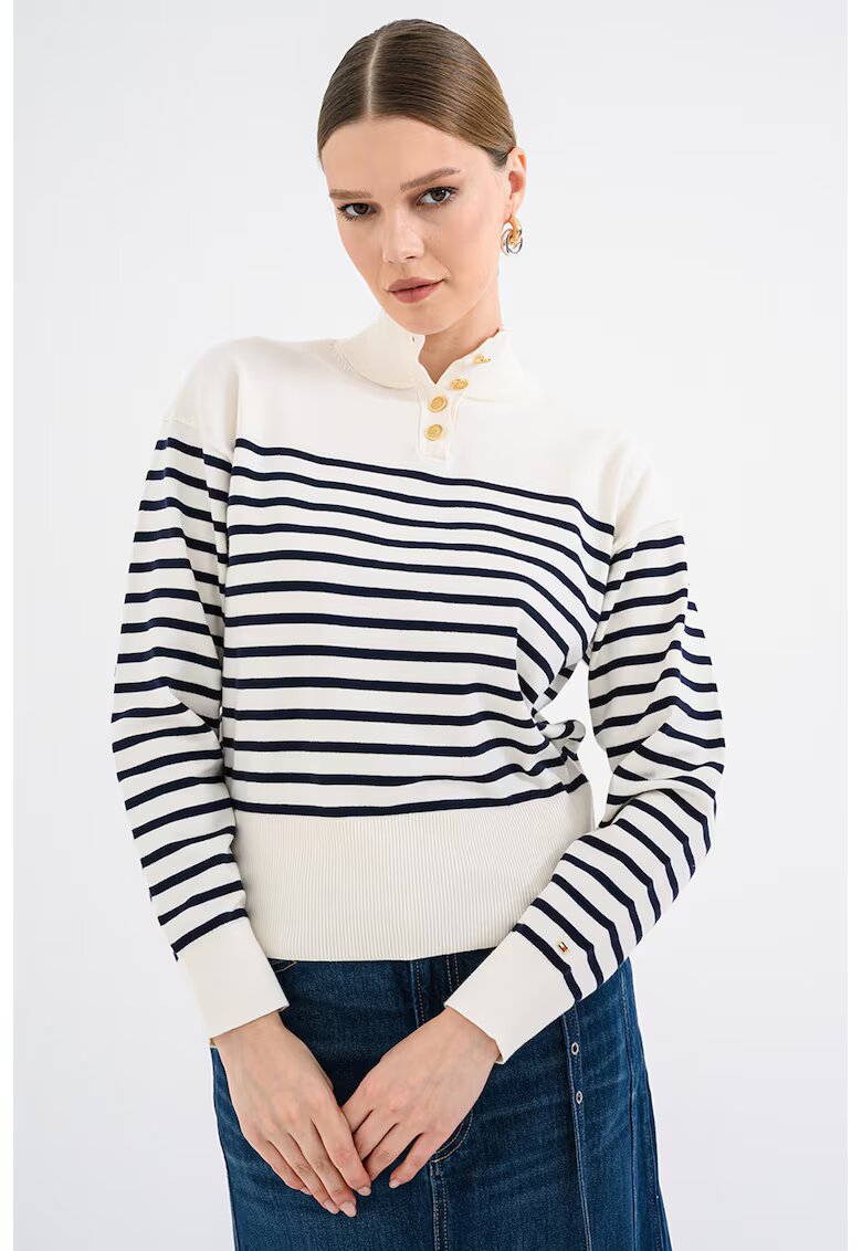 Tommy Hilfiger Раиран пуловер с органичен памук с копчета - Бял/Бежов