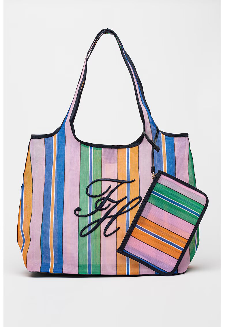 Tommy Hilfiger Раирана чанта Tote с тонален несесер - Тюркоаз/Светлосин