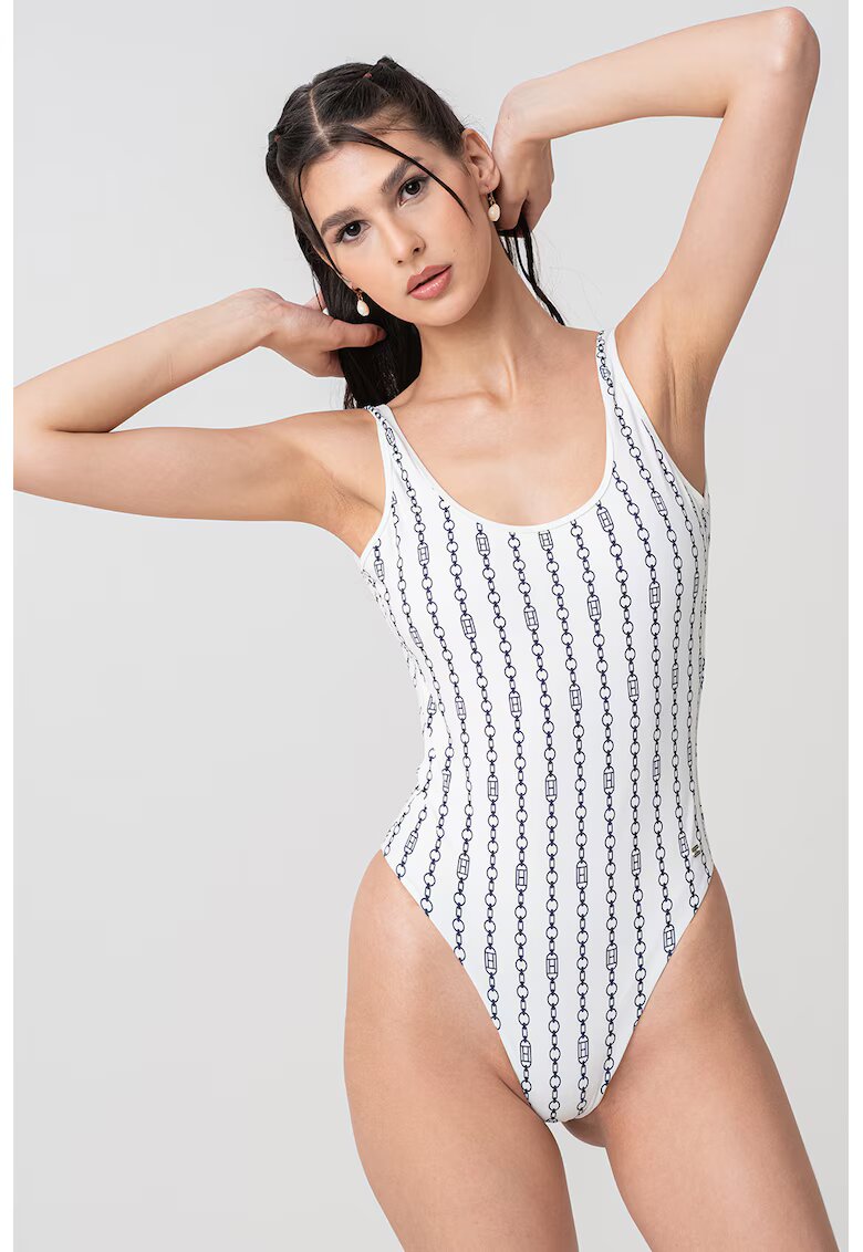 Tommy Hilfiger Цял бански с принт - Бял/Ултрамарин синьо
