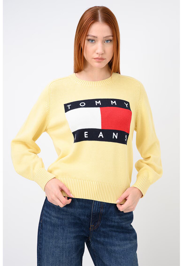 Tommy Jeans Пуловер с органичен памук и вълна - Ултрамарин синьо/Аленочервен