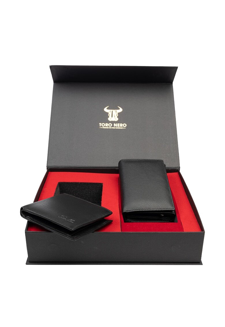 Toro Nero Комплект дамски портфейл и мъжки портфейл естествена кожа - Червен/Черен