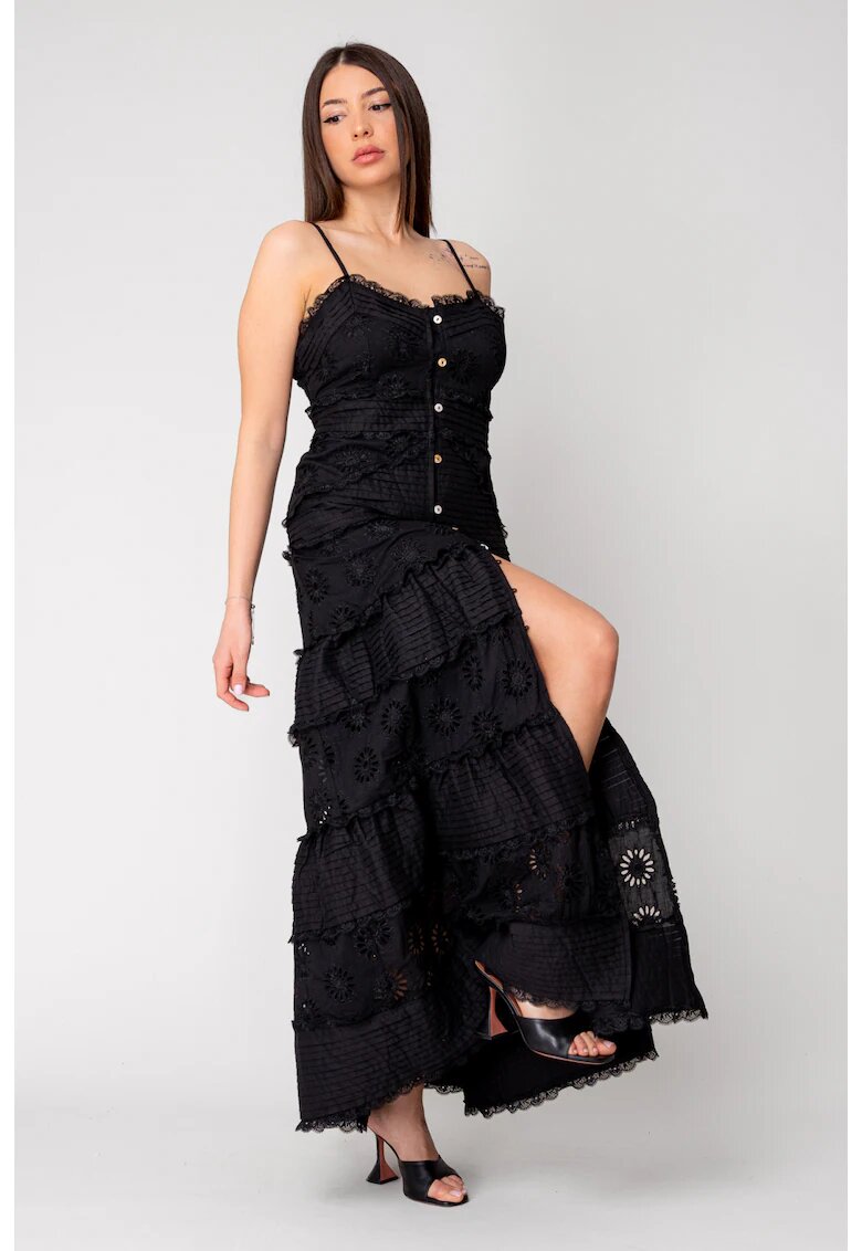 uFIT Дълга рокля с копчета и бродерия Black 16351
