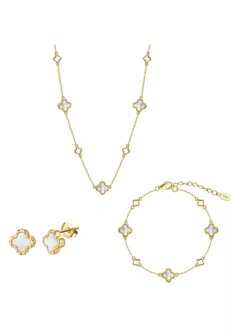 UNA VIDA Комплект детелина Trifoi Clover Pearl от сребро 925 - позлатен с 14K злато