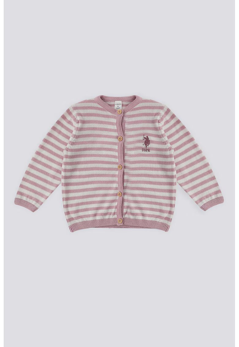 US Polo Assn Пуловер с копчета и райе - Тъмнорозов/Мръснобял