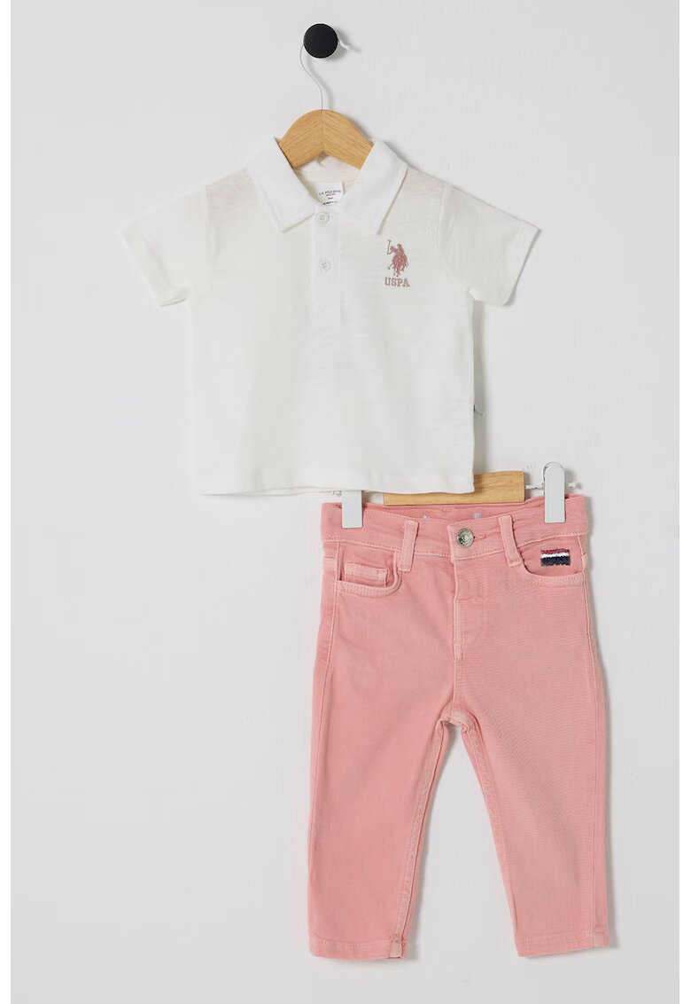US Polo Assn Тениска с яка и дънки - 2 части - Розова сьомга/Мръснобял