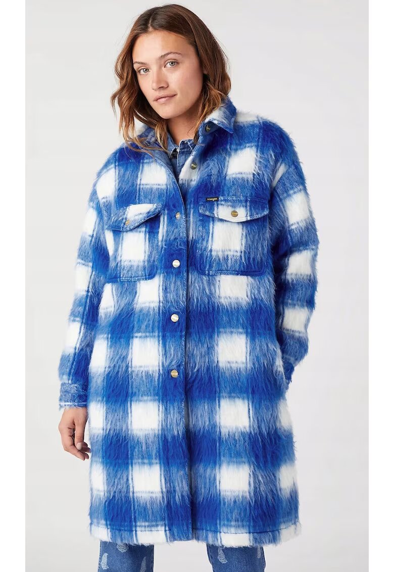 Wrangler Дамско палто модел Plush Wool - свободна кройка - бяло-сини карета - смес полиестер-вълна-акрил