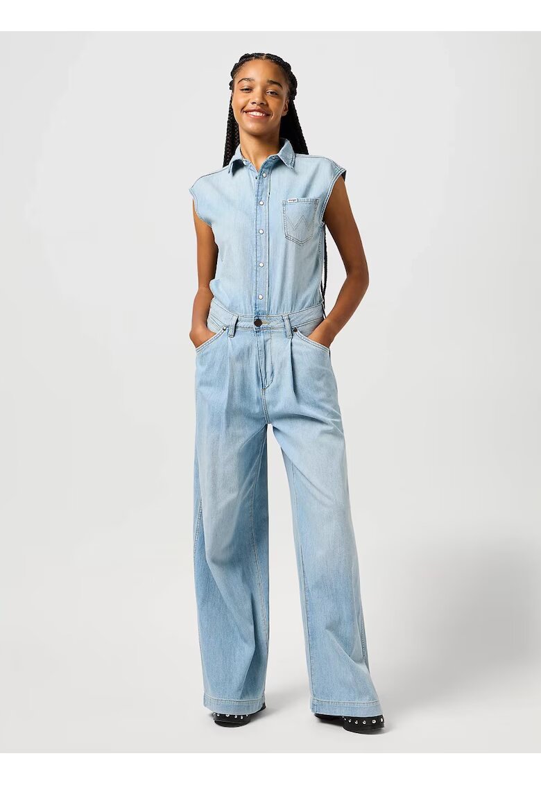 Wrangler Гащеризон за жени - Гащеризон панталон - Стандартна кройка - С яка - Къси ръкави - Деним акцент - Копчета - Памук -
