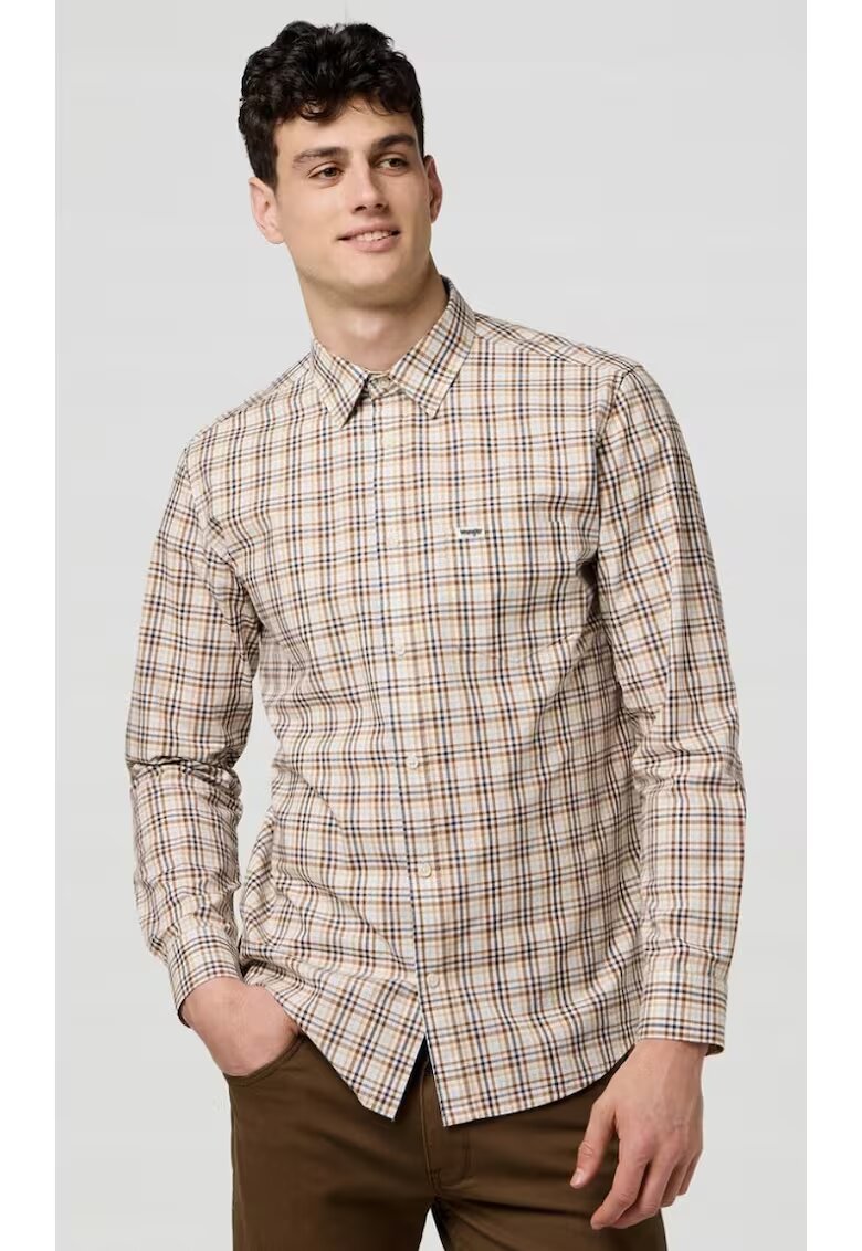 Wrangler Мъжка риза 1 Pocket Poplin Regular Fit - каре бяло - кафяво - тъмносиньо - бежово - памук