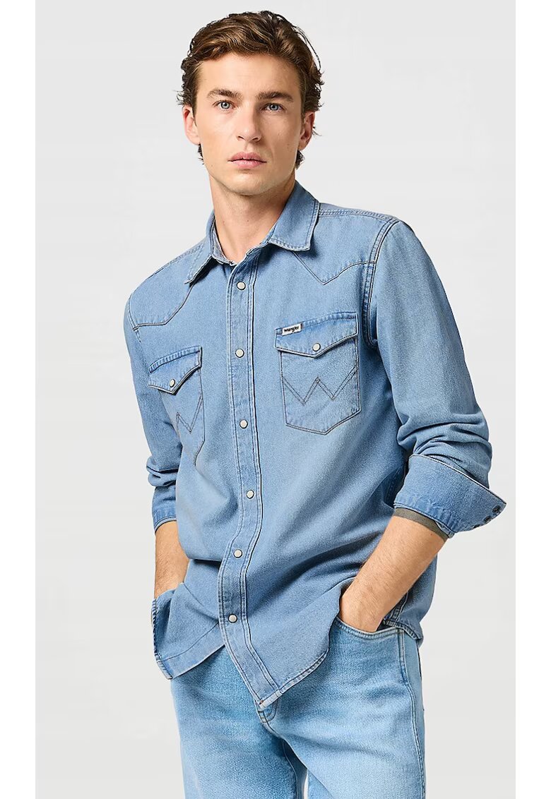 Wrangler Мъжка риза - деним - синя - памучна - къс ръкав - стандартна кройка