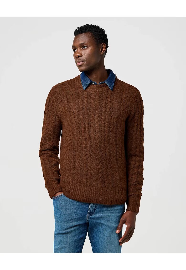 Wrangler Мъжки пуловер - плетен пуловер с кабел - стандартна кройка - с яка - топъл и удобен - класически дизайн - дълги ръкави - полиестер - кафяв ...