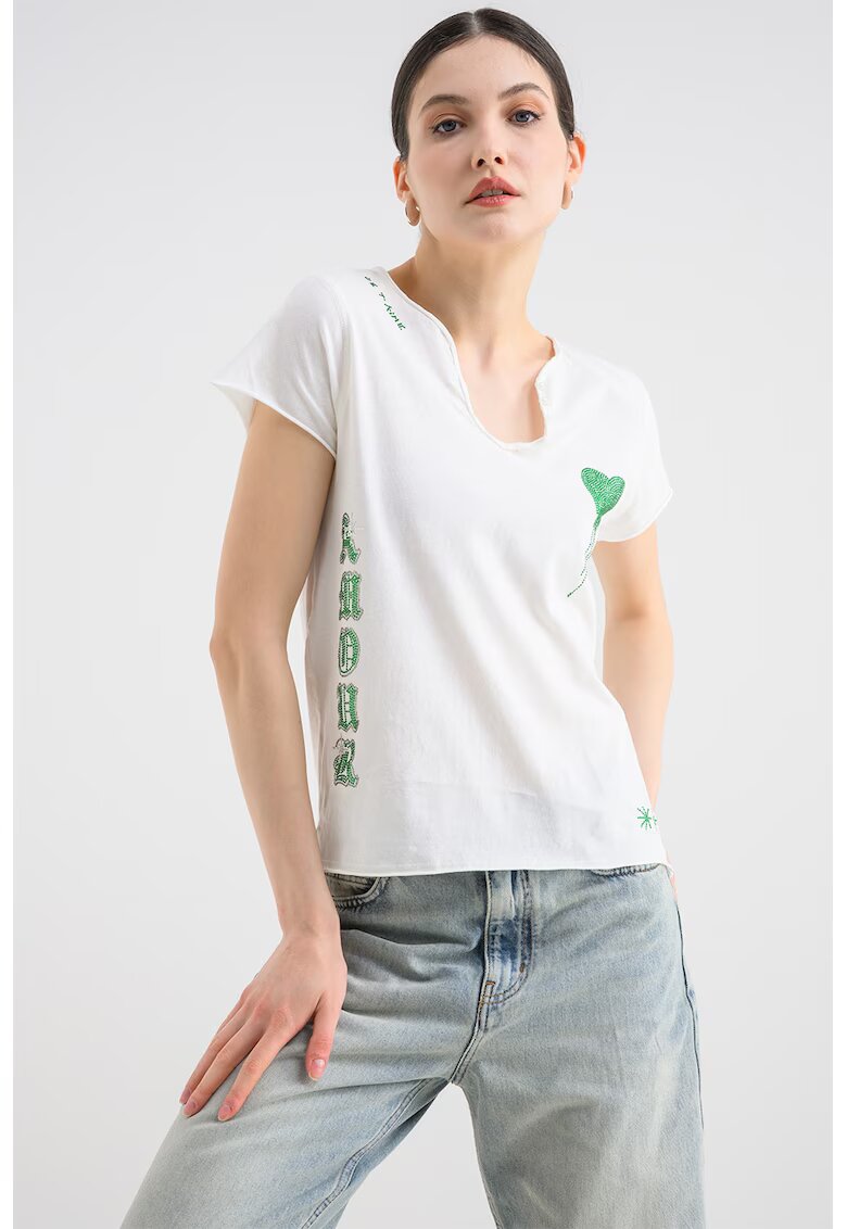 Zadig  Voltaire Тениска Tunisien с декоративни камъни - Бял/Зелен