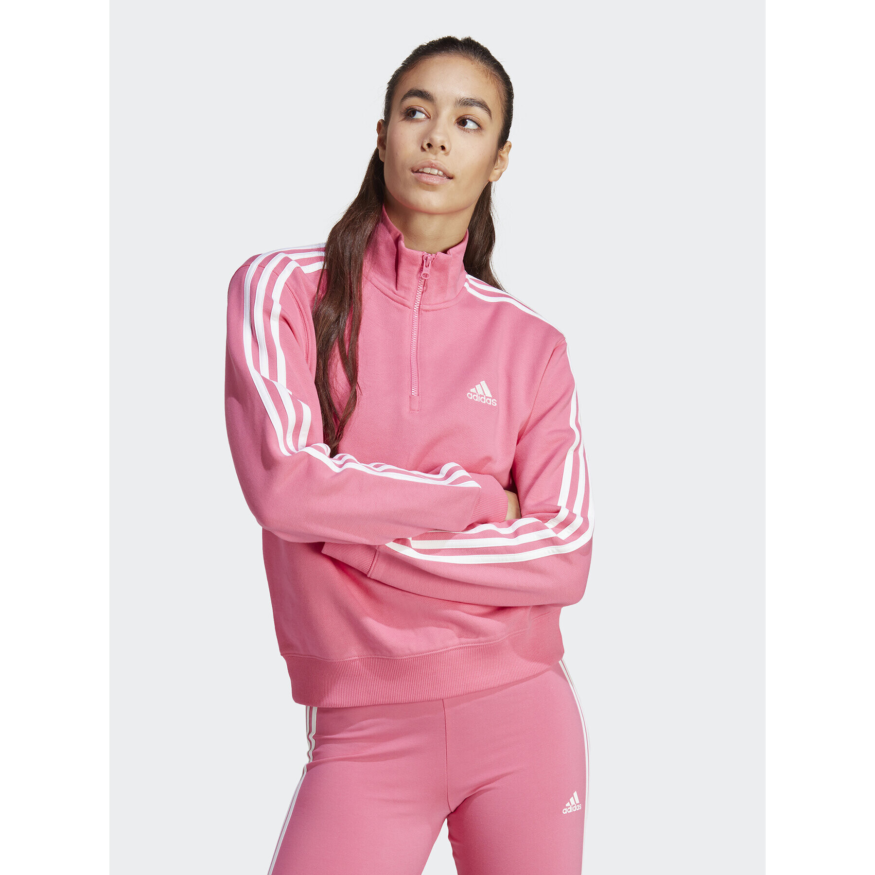 adidas Суитшърт Essentials 3-Stripes Quarter-Zip Sweatshirt IC9944 Розов Regular Fit - Pepit.bg